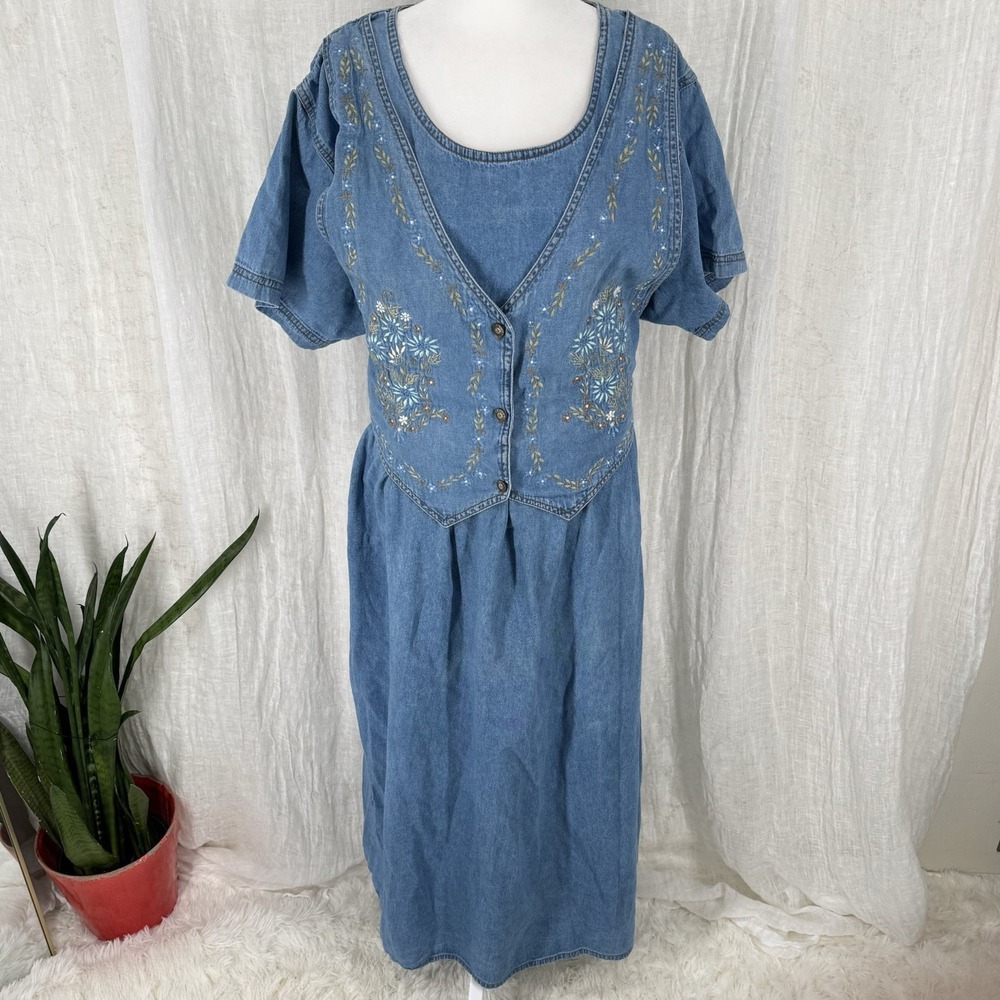 Vtg 90s Denim Maxi Dress 3X Cottagecore Teacher Country Grandma Tie Back Pockets